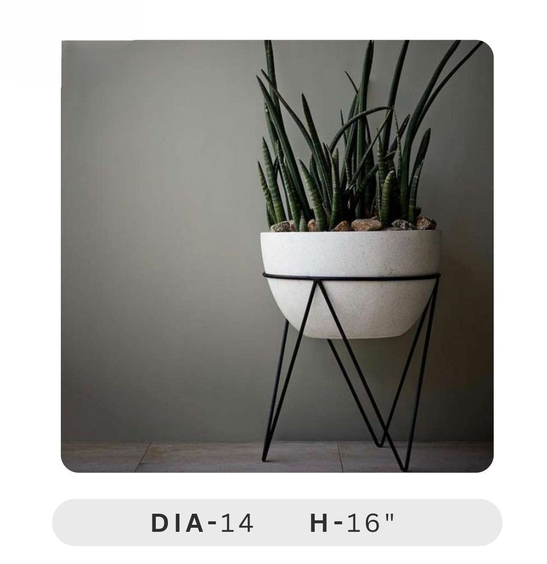 Planters Pots for Decors, Giftings | FRP Pots and Planets for Office Decors White planter with black geometric legs against a gray background