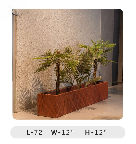 Planters Pots for Decors, Giftings | FRP Pots and Planets for Office Decors Rectangular brown planter with plants against a textured wall.