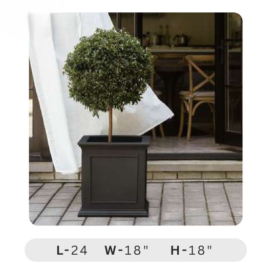 Planters Pots for Decors, Giftings | FRP Pots and Planets for Office Decors Decorative topiary in a black planter on a patio with dimensions displayed.