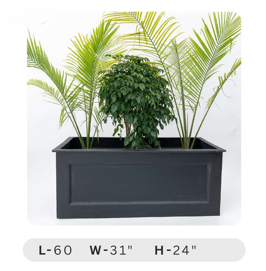Planters Pots for Decors, Giftings | FRP Pots and Planets for Office Decors Tall rectangular black planter with green plants on a white background