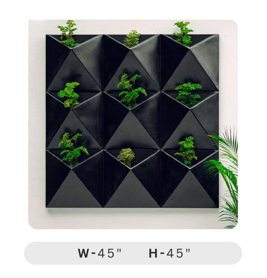 Planters Pots for Decors, Giftings | FRP Pots and Planets for Office Decors | Vertical Wall Planters Geometric black wall planter with green plants on a white background