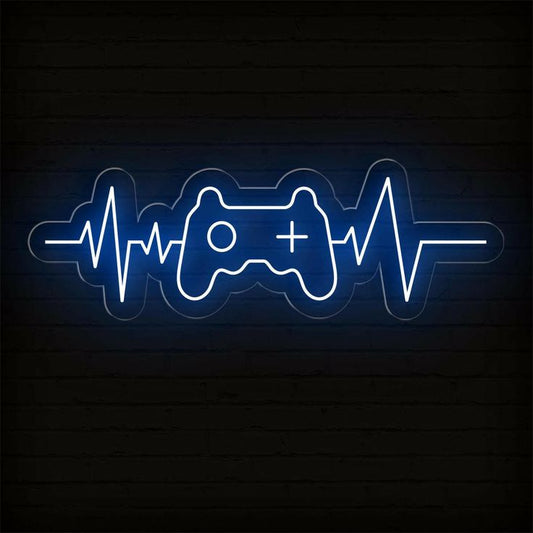 PlayStation Rate Neon Sign – Custom Neon Sign for Living Room 24 By 12 Inches Neon sign of a game controller with heart rate lines on a dark background