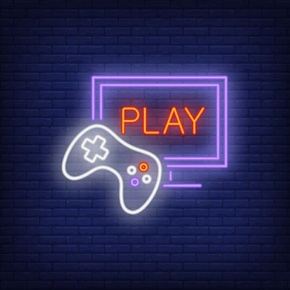 Play With Remote Neon Sign  – Custom Neon Sign for Game Room 18 By 18 Inches Neon sign with game controller and 'PLAY' text on a brick wall background