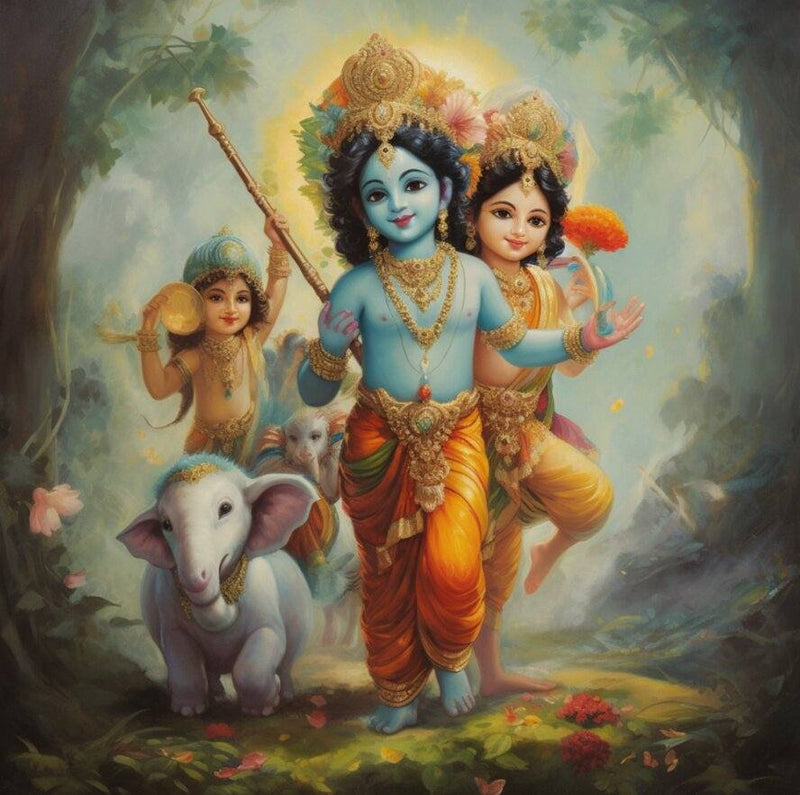 Colorful depiction of a deity with two children and an elephant in a forest setting