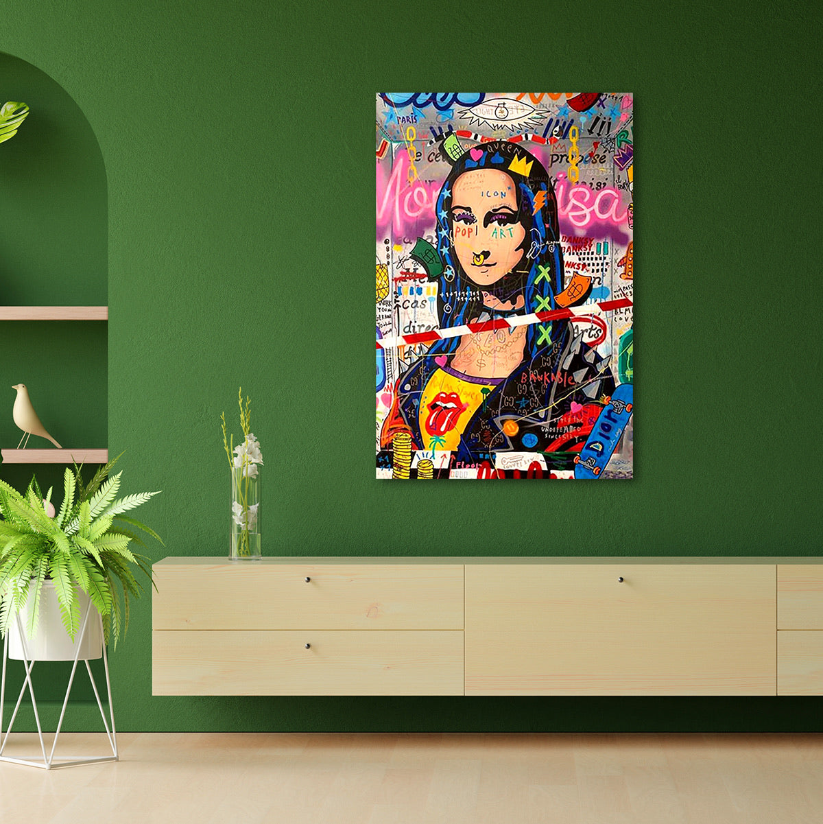 Pop art Mona Lisa canvas painting with colorful graffiti style modern wall art for contemporary home decor