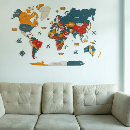 Decorative 3D world map wall décor with multicolour country design for feature walls