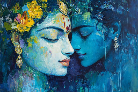 Premium Canvas Krishna with Radha in Love | Canvas Painting Artistic depiction of two faces with floral elements and jewelry.
