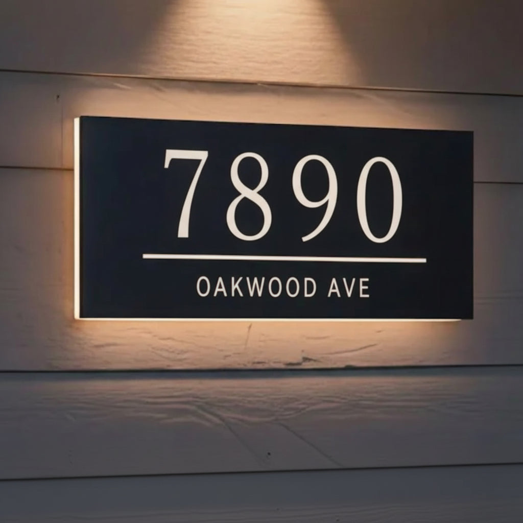 Illuminated custom address plaque with LED backlighting for residential exterior walls