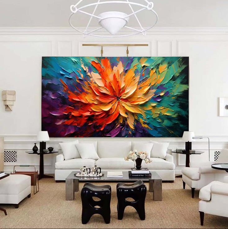 Colorful modern floral canvas painting featuring realistic textured abstract artwork