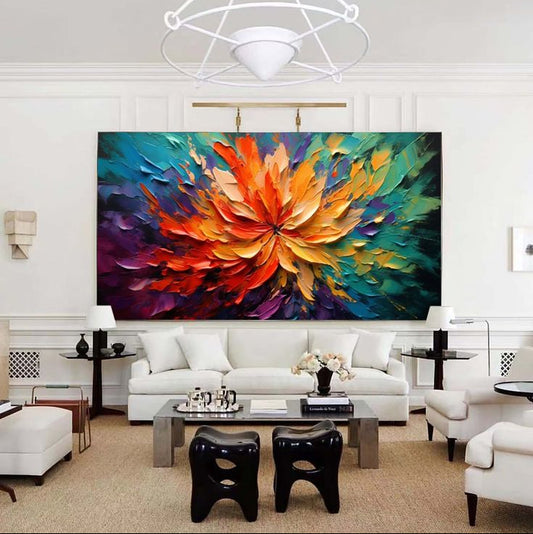 Colorful modern floral canvas painting featuring realistic textured abstract artwork