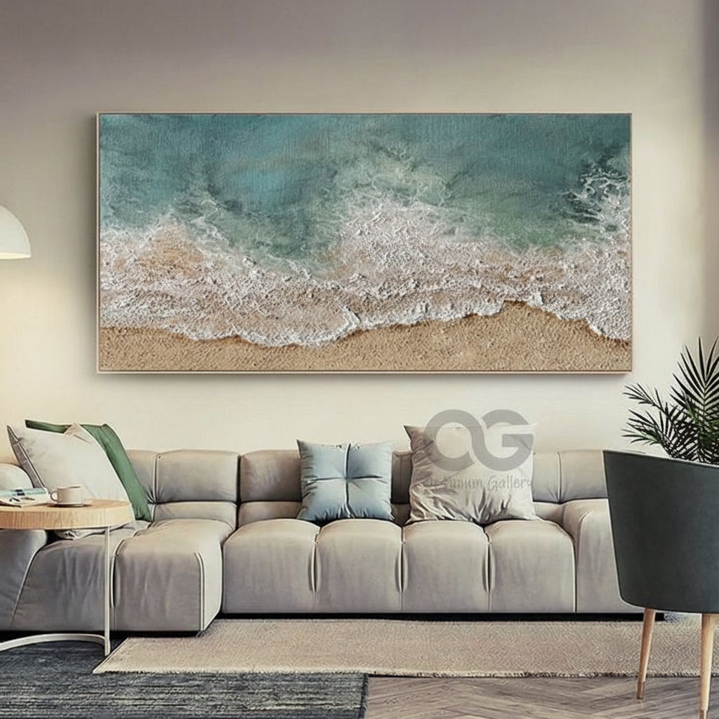 Modern coastal canvas painting featuring realistic sea waves and sandy beach wall artwork