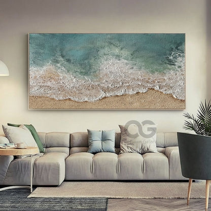 Modern coastal canvas painting featuring realistic sea waves and sandy beach wall artwork