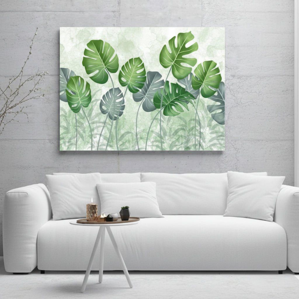 Modern botanical canvas painting featuring realistic monstera leaves for living room décor