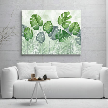 Modern botanical canvas painting featuring realistic monstera leaves for living room décor