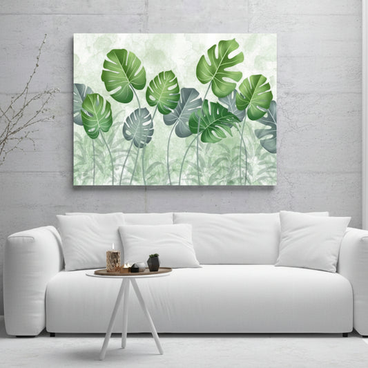 Modern botanical canvas painting featuring realistic monstera leaves for living room décor