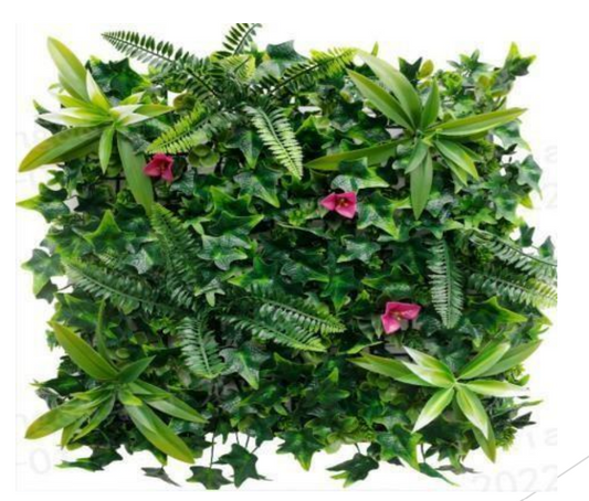 Artificial botanical green wall panel featuring ivy leaves, ferns and tropical foliage for interior