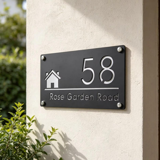 Modern rectangular black address plaque with white house number and street name, displayed on stone, textured walls, and wooden entrance panels.