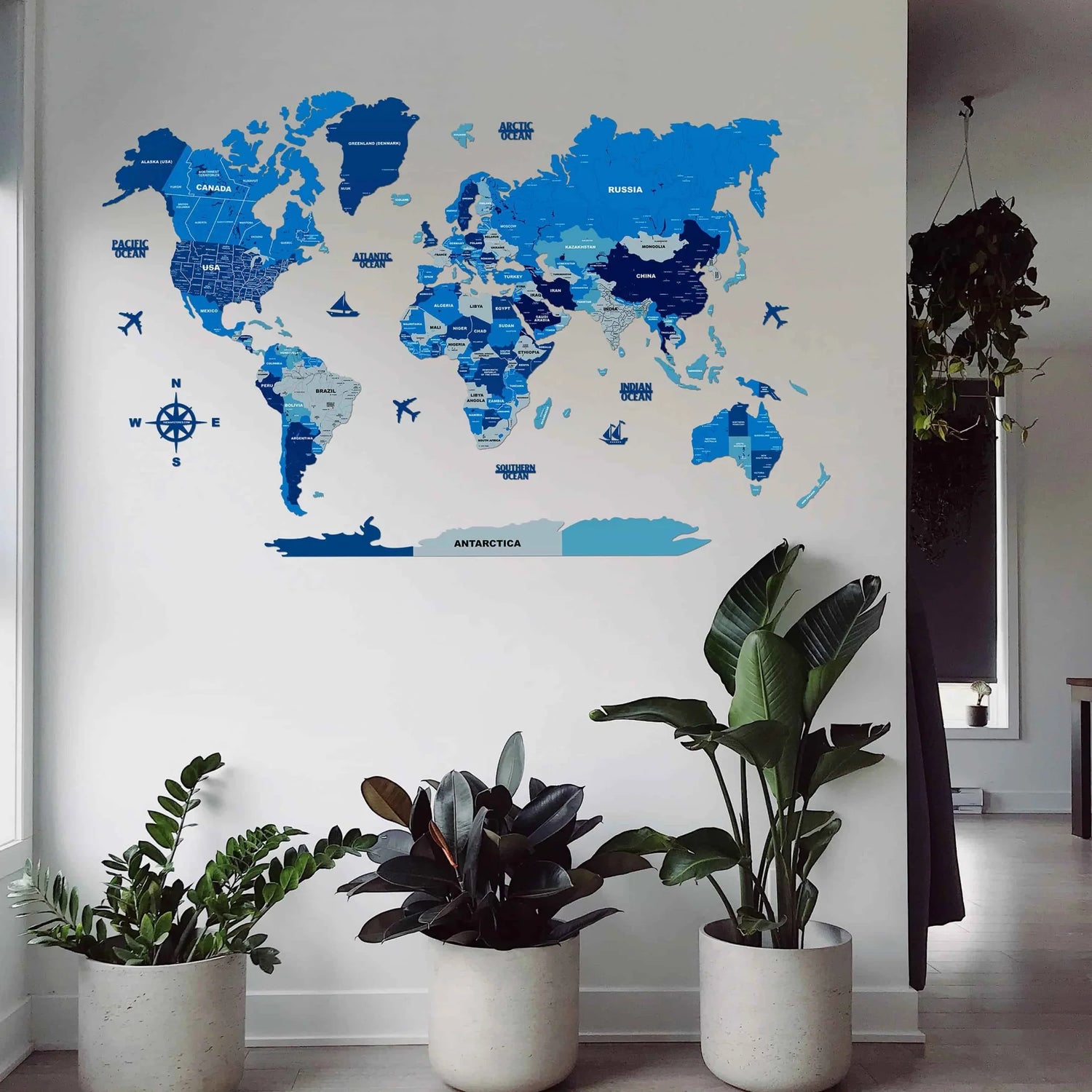 Decorative blue 3D world map wall décor with layered country design for feature walls