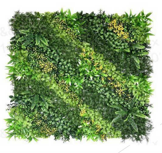 Decorative artificial green wall panel featuring botanical foliage and realistic mixed greenery