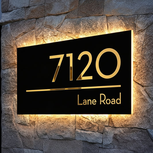 Modern outdoor illuminated address sign with personalized house number and street name