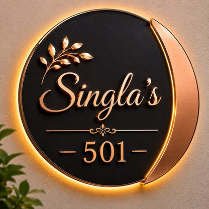 Modern personalized circular address sign with illuminated house name and apartment number