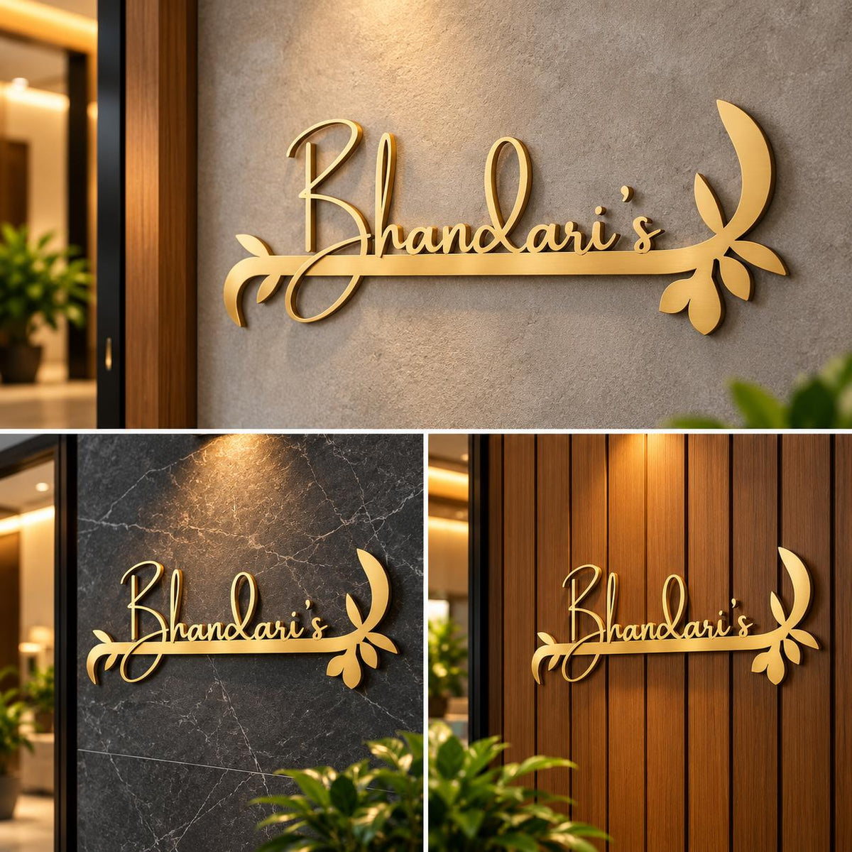 Luxury gold personalized family name sign with flowing cursive typography and ornamental detailing displayed on stone and wooden entrance walls.