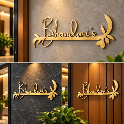 Luxury gold personalized family name sign with flowing cursive typography and ornamental detailing displayed on stone and wooden entrance walls.