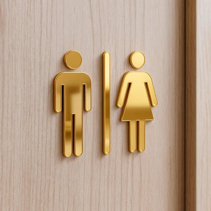 Modern gold toilet signs for men and women displayed against marble, dark stone and wooden wall finishes in contemporary commercial interiors.