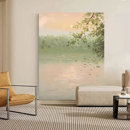 Contemporary nature landscape canvas wall art featuring peaceful lake and trees for luxury home décor