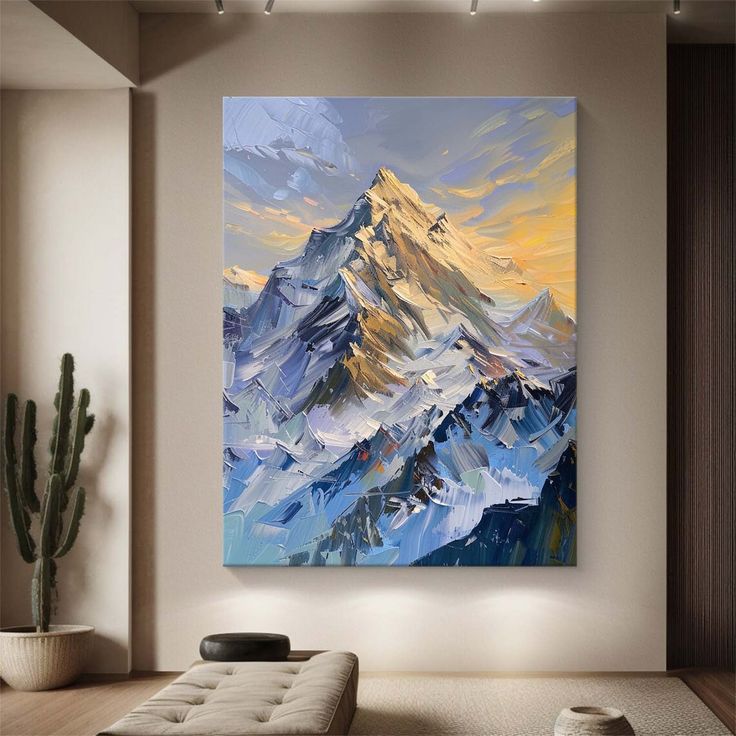 Contemporary mountain landscape canvas wall art featuring majestic snowy peaks for luxury home décor