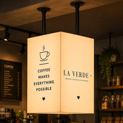 Illuminated double-sided suspended LED light box sign for restaurants and commercial spaces
