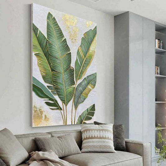 Contemporary green botanical canvas wall art featuring tropical banana leaves with elegant gold accents