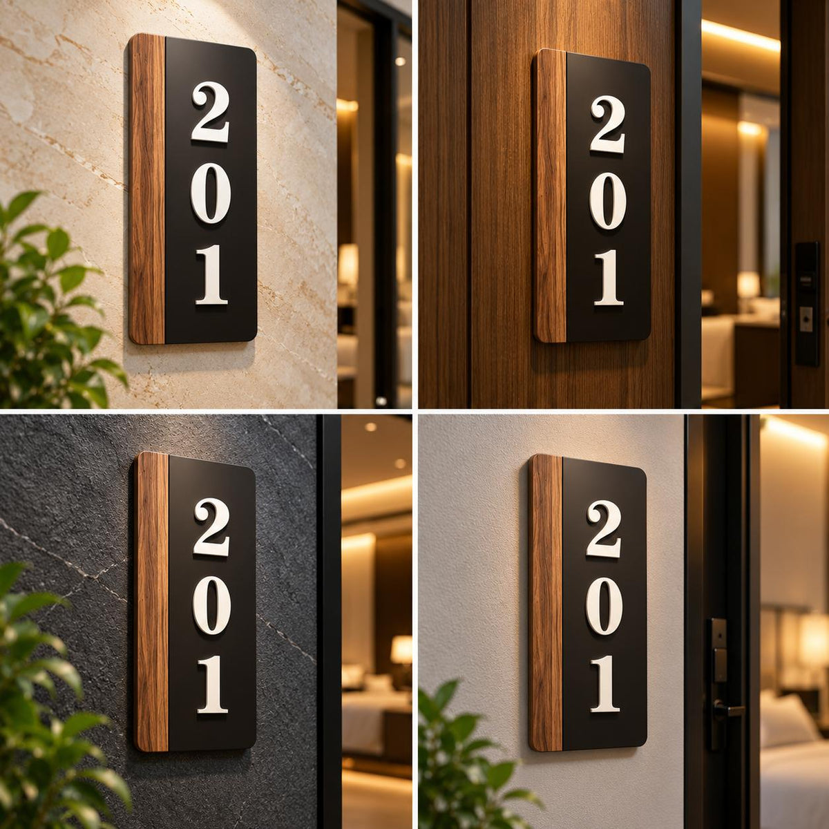 Modern black and wood house number sign with raised white numerals, displayed on marble, textured stone, and wooden entrance walls.