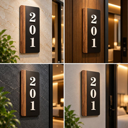 Modern black and wood house number sign with raised white numerals, displayed on marble, textured stone, and wooden entrance walls.