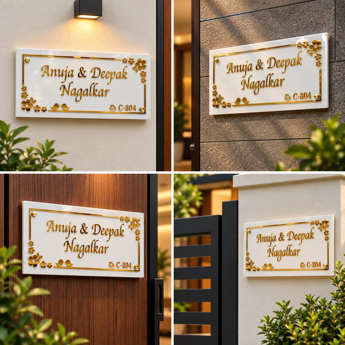 Luxury rectangular family name plate with gold calligraphy, decorative floral accents, and a white background displayed on modern residential entrance walls.