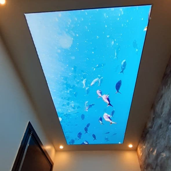 Printed false ceiling panel with sky and tree artwork illuminated LED ceiling