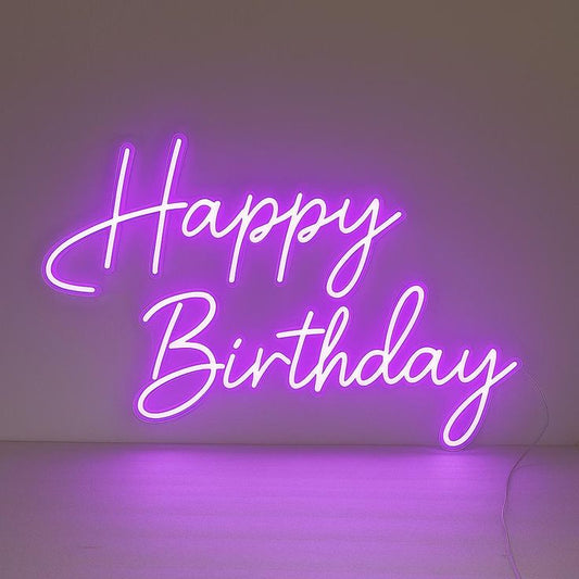 Purple Happy Birthday Neon Sign | Custom Neon Sign | Neon for Birthday Decor Neon sign with 'Happy Birthday' text on a white background