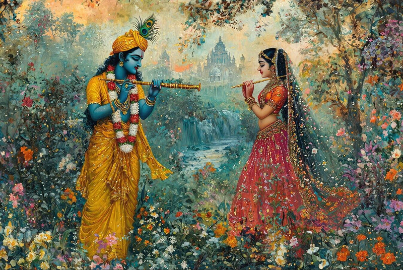 Quick Stick Radha Krishna Wallpaper | Easy Peel Adhesive Art Two figures in traditional attire standing in a garden with flowers and a temple in the background