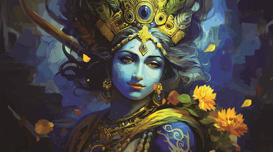 Radha Krishna Couple Canvas Painting | Ethnic Wall Hanging Decor Detailed illustration of a deity with intricate headgear and flowers, set against a dark background.
