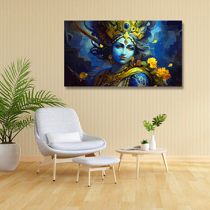 Radha Krishna Canvas Painting Frame Wall Art for Wall Decor | Big Large Size Canvas Painting Frame (48x24 Inches)
 Living room with a large painting of a deity on the wall, a gray armchair, and a small table with plants.