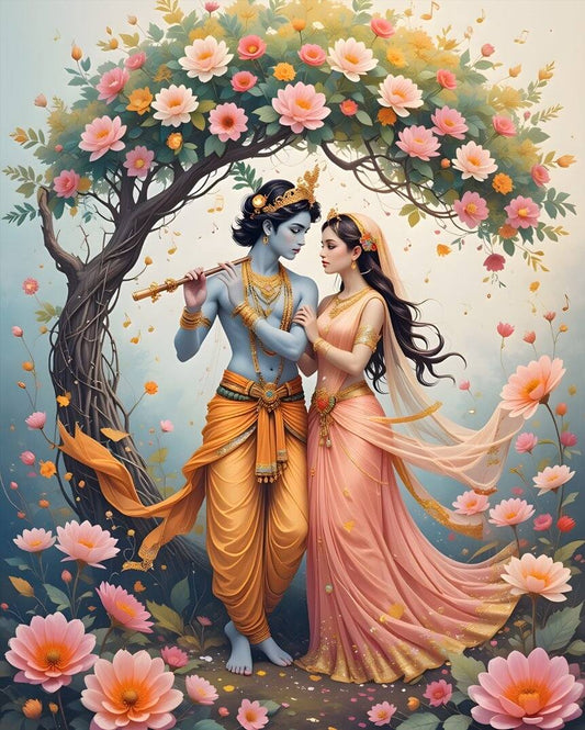 Radha Krishna Canvas Painting | Peaceful Art for Living Space Two figures in traditional attire standing under a floral arch