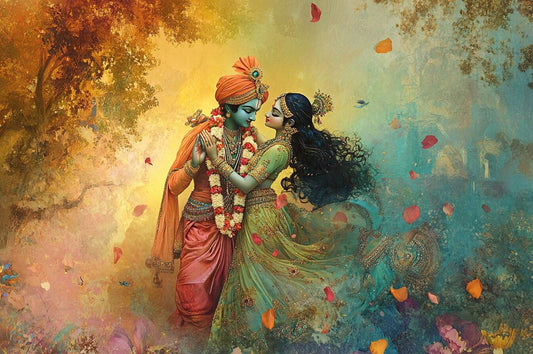 Radha Krishna Canvas Painting for Divine Ambiance | Decoration Two figures in traditional attire standing close together with a colorful, nature-themed background.