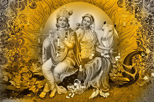 Radha Krishna Couple Canvas | Ethnic Wall Canvas Painting Decorative image of two figures with intricate patterns and a cow in the background