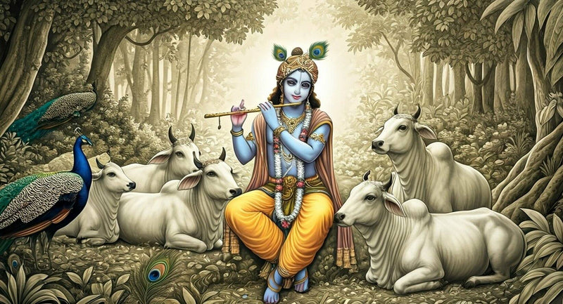 Radha Krishna Easy Wall Art – Peel Stick Self Adhesive Wallpaper
 Illustration of a deity playing a flute with cows and peacocks in a forest setting