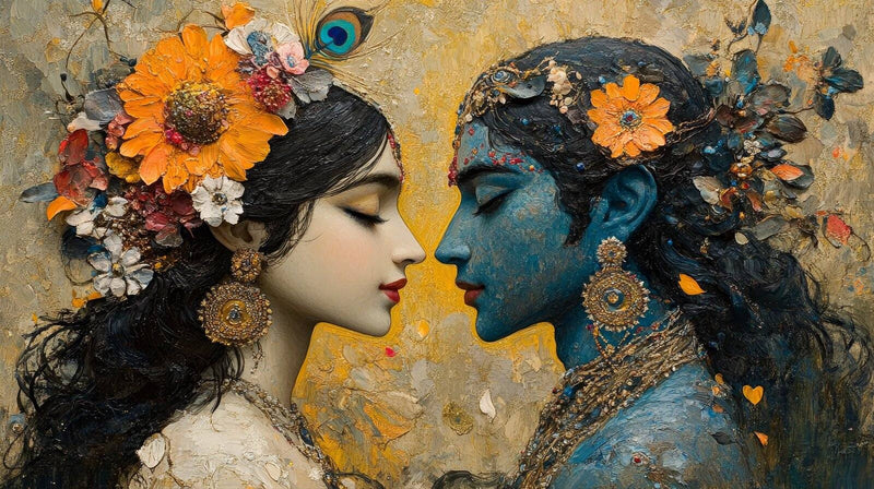 Radha Krishna Home Wallpaper – Self Adhesive Peel Stick Option
 Two faces, one with a floral headpiece and the other with blue skin and peacock feathers, against a textured background.