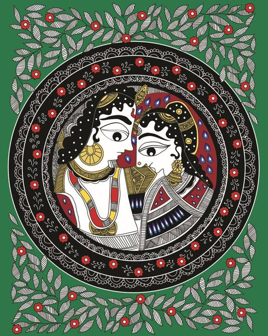 Radha Krishna Madhubani Art | Radha Krishna Canvas Painting Artistic depiction of a face with intricate patterns and jewelry on a green background