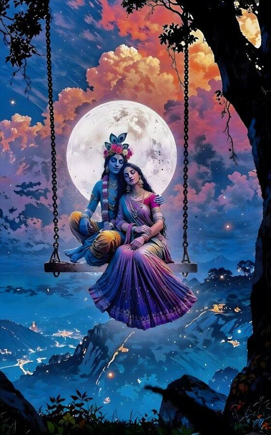 Radha Krishna Moonlight Swing Canvas | Romantic Divine Night Painting Two people on a swing under a large moon with a colorful sky.