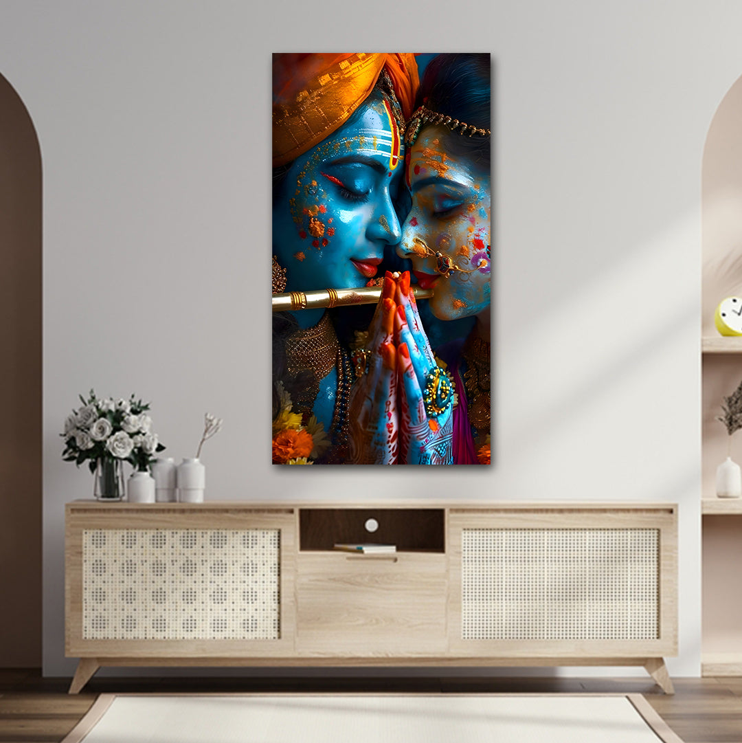 Radha Krishna Painting Canvas Wall Frame | Radha Krishna Big Large Size Canvas Painting Frame (24x48 Inches) Colorful painting of two faces on a wall above a wooden cabinet.
