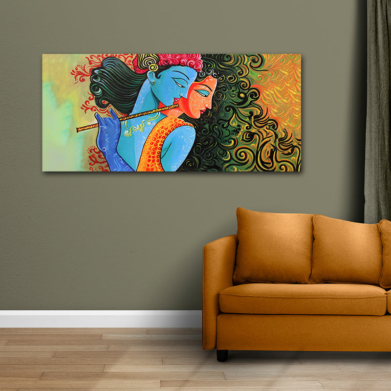 Radha Krishna Painting Canvas Wall Frame | Radha Krishna Big Large Size Canvas Painting Wall Frame (48x24 Inches)
 Colorful abstract painting on a wall above an orange sofa.