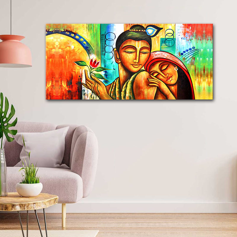 Radha Krishna Painting Canvas Wall Frame | Radha Krishna Painting Big Large Size Canvas Wall Frame ( 48x24 Inches)
 Colorful abstract painting of a couple embracing on a wall above a sofa.